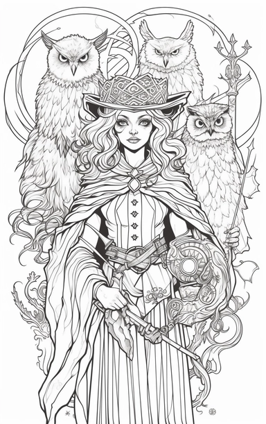 Coloring cartoon page for adult,witch clipart 6 witches, owl, in the style of reimagined by Dr. Seus, mystic mechanisms, illusory images, witchcore, lith printing ,clear and clean line art, white background