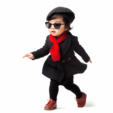 Singer Yoko Ono as a 2 year old toddler, wearing a classic black satin chanel dress, red shoes, red velvet bowler hat, gold silk scarf, dancing, irradiant facial expression, plain white background, clipart