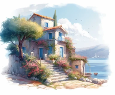 isolated on white illustration watercolor art of a elegant part of the sea embankment with small white houses and blooming trees with summer flowers, seaside, blue door, summer, Ionian architecture, masterpiece by Guido Borelli da Caluso style and by Vladimir Kush style and by Myles Birket Foster style, PNG clipart, isolated on white, extreme photorealistic details, 32k HD resolution, realistic high detailization high resolution