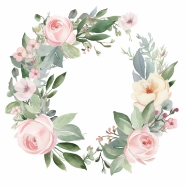 Create a circular or oval watercolor floral wreath using blush pink and rose pink roses, accompanied by sage green and olive green foliage. This versatile design can be adapted to various floral clipart by incorporating different flowers or foliage within the wreath, while maintaining the Romantic Blush color palette.
