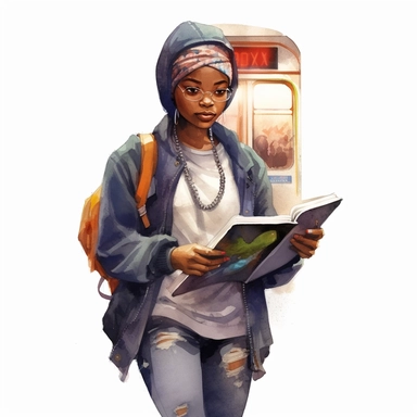watercolor clip art image of a black teenage girl wearing hip-hop clothes holding a magical book, on the subway