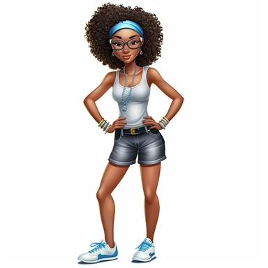 full body clipart black woman tank top and blue jean shorts big curly shiny afro with head band gold earrings hands on her hips white converse tennis shoes