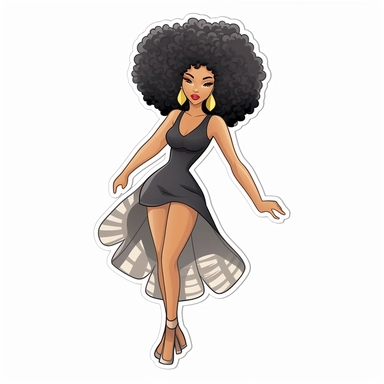 Create clipart sticker featuring white background a full-body runway pose, of a beautiful, black African-American girl confidently wearing stilettos, model wearing fashion designer clothing Couture and Ready-to-Wear: Designer clothing encompasses both haute couture (high-end, custom-made pieces) and ready-to-wear (ready-made garments available for purchase). Haute couture garments are meticulously crafted to the client's
