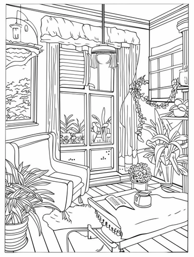 An Adult Coloring Book Featuring Fun and Relaxing Interior Home Designs with Beautifully Furnished Rooms and Welcoming Outdoor Spaces, coloring page line art, black and white clipart for coloring page, simple and clean line art, illustration style,