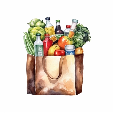 watercolor detailed illustration of Grocery bag with a variety of groceries peeking out, clipart, white background