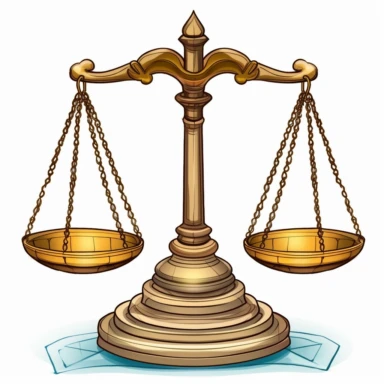 Create a clipart image of the scales of justice viewed from the front. The scales should be balanced and level, with equal weight on each side. The background could feature symbols of justice, such as a courthouse or a gavel, to reinforce the theme.