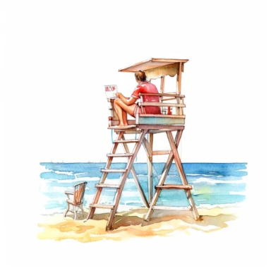 watercolor beach lifeguard on highchair with binocolurs in hand looking in the ocean , illustrations clipart set, simple, , cartoon elements ,different variants , separate elements with a margin, wooden and plastic elements elemets ,4k, high resolution