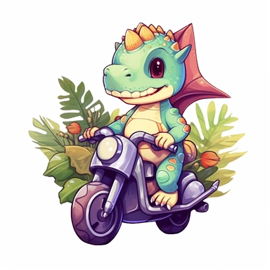 Create a clipart of a cute dinosaur riding a motorcycle. Vibrant and lively colors. Kawaii style. Jungle trees before a White Background, soft lighting.