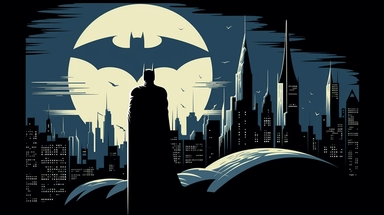 isotype icon illustration of Batman in a moonlit Gotham city scape, minimalist design, style of 1950s comic book art, style of mike zeck, misaligned color plates, retro, 3-color lithograph, block print, linotype, flexographic clip art, posterized colors, isotype icon design, hand drawn illustration, primitive art, white background