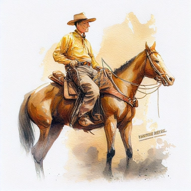 Norman Rockwell watercolour and pencil full body drawing of a cowboy on his horse, working hard, tough face, dynamic pose, beautiful watercolor ink wash coloring, thick pencil lines, watercolor illustrations clipart, watercolor illlustrations, plain white background