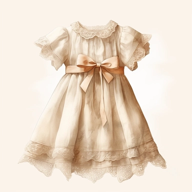 Clipart, vintage, baptism kid dress, hand painted, linen, with laces, beige, romantic, delicate