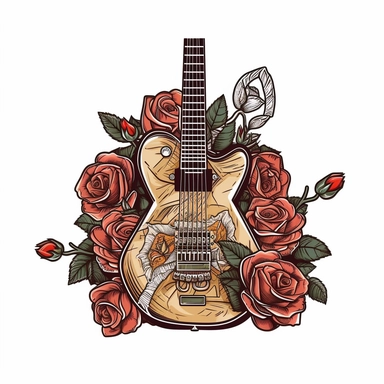 guitar with roses sublimation clipart, vector, illustration, 2d, flat colors, isolated background