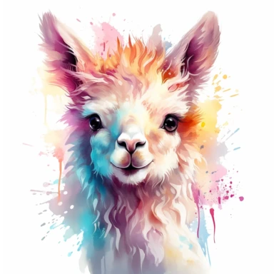 Create a mesmerizing wide-angle watercolor clipart featuring a very llama. This ultra HD image (16k) with finest premium quality should transport viewers into a world of magic and wonder. Set the clipart against a solid white background to achieve a clean and versatile aesthetic. Use soft, ethereal watercolor strokes to bring the llama to life, capturing its grace and enchantment. Emphasize the wide angle to create a sense of vastness and intrigue. Let the llama be the focal point, radiating bea
