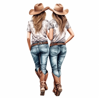 Cute Beautiful Cowgirls full body Back view Sublimation Clipart,Cartoon,hyper realistic, intricate detail, illustration style,high solution , on the white background