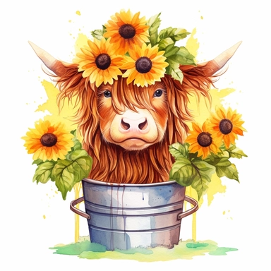 Highland Cow With Sunflowers in a flower pot with colorful flowers and a rainbow clipart