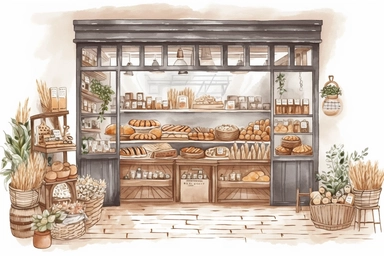 illustrate a bakery shop, cottagecore, clipart hd, white background, spaced out,