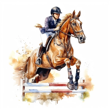 Takes horse jump lessons, highly detailed, watercolor, clipart, illustration, white background, digital painting, paper crafting, no signature, no text