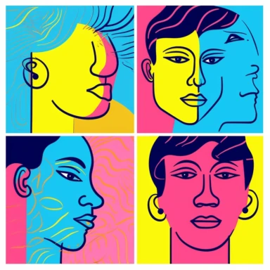 face illustration cartoon portraits face line illustration human face clipart silhouette, in the style of pink and azure, pop art style, handsome, light yellow and light navy, vibrant figurative expressionism