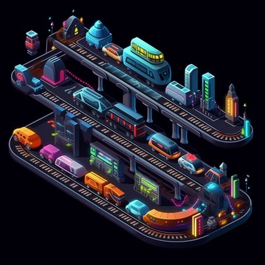 isometric, spritesheet, game assets, futuristic hover train tracks, isometric perspective, game sprite, sci-fi, cute, fun, creative, cartoon, clipart, hyper-detailed, black background