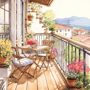 watercolor, hyper realistic, white background, white margins, 16k, ultra detailed clipart, cut out image, hand-drawn, whimsical manhwa style, ultra HD, sharp and clean art A cozy balcony with a small wooden table and chairs, surrounded by potted plants and blooming flowers, overlooking a garden.
