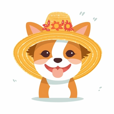 Create an adorable clipart featuring a dog enjoying the summer season while wearing a charming straw hat. Design a lovable dog character radiating the carefree and playful vibes of summertime. Use vibrant colors and playful details to bring the clipart to life. With a white background, the clipart will seamlessly fit into various designs. Ideal for digital projects, merchandise, and print materials, this clipart captures the spirit of summer fun with its dog wearing a cute straw hat.