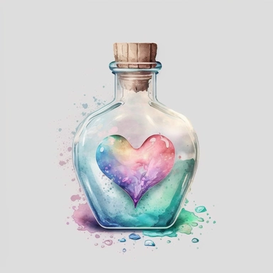 stronger colors dream illusion pastel color water white background clear old rustic Heart Bottle classic potion Valentine's Day Clipart vintage watercolor