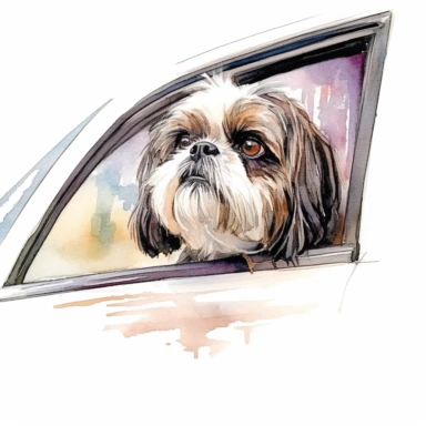 close up high detailed, Hand drawn watercolor clipart of Shih Tzu looking outside a moving car window, on a pure white background for background removal, no shadow, no paint splash