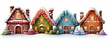 Realistic colorful gingerbread house, realistic, colorful, beautiful, vivid color, christmas, snow soil, hyperrealistic, white background, style by Lucy Fleming, watercolor, smooth gradients, black contour outline, ultra detailed, clipart elements, delicate pastel colors, solid white background, super clear, high quality