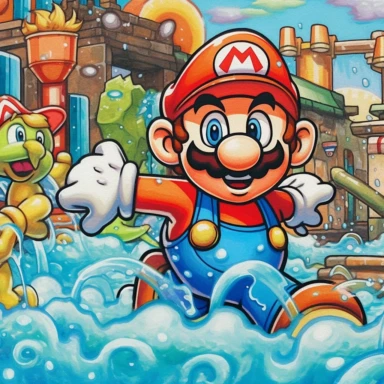 Mario sunshine, waterpark art style, NYC graffiti style airbrushed art solid-marker inspired by (Winslow Homer) rebelle fluid gravity motions watercolors, clipart manga style cat smiling big bright clear eyes, sharp edges chibi flat illustration style drips trickles runny pathways, down of liquid rill, rivulet, run, web brush streamlet cat outlines, pastel color pallet