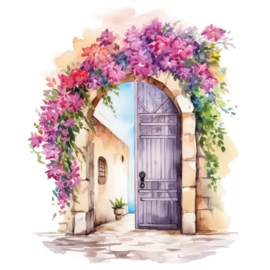 a watercolor realistic arch door and you can see colorful flowers surrounding the door clipart