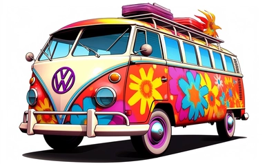 clip art of a VW bus decorated 60's style in synthwave style colourfull multicolour ultra details white background