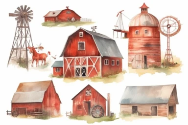Watercolor barns clipart, farm style, red barn house, horse, tractor, windmill, wood gate illustrations, wedding invitation diy.