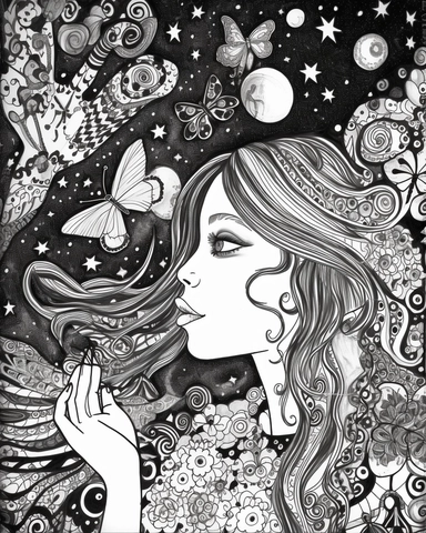 The coloring page features a girl surrounded by an array of psychedelic swirls and patterns, created using simple line art techniques. The girl is surrounded by a swarm of butterflies, adding an ethereal and dreamlike quality to the image. The design is filled with a variety of watercolor-related terminology, such as wash, blend, and color bleed, which give the image a sense of fluidity and movement. The colors used are bright and bold, with a range of pinks, purples, oranges, and yellows, that 