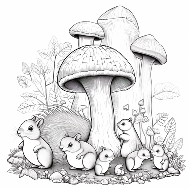 giant mushroom with a wavy stem, with a family of squirrels eating, grayscale 3d vector, kids coloring book clipart style, super simple, thick, clear, lines, black and white, white background