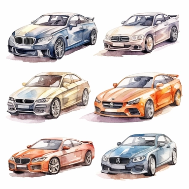 watercolor collection clipart audi bmw mercedes cars neutral colors on white background