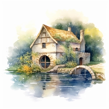 An enchanting watercolor clipart illustration of a picturesque medieval cottage perched near a meandering river, embraced by a tranquil countryside. The cottage boasts weathered stone walls, a thatched roof adorned with climbing vines, and a meticulously crafted waterwheel gracefully spinning by the riverside. The calming river reflects the surrounding nature, with delicate ripples and vibrant aquatic life. Against a clean white background, the watercolor medium enhances the cottage's rustic cha
