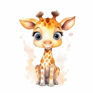 watercolor cute baby giraffe with big eyes, pixar style, kawaii style, light colors, baby room style, clipart with white background