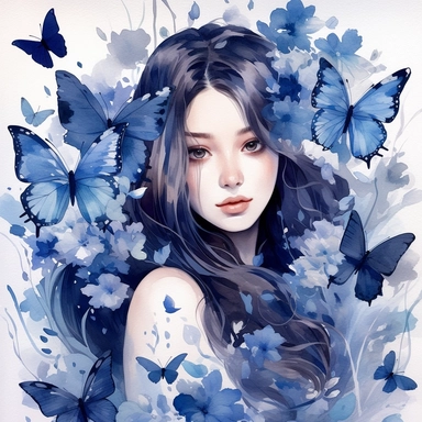 Beautiful clipart of a butterfly animal in flowers, in the style of artgerm, watercolor, animal motifs, Dark blue tones, amedee ozenfant, he jiaying, oshare kei