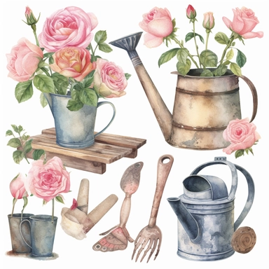 Draw a set of vintage-style, watercolor-style clip art images that feature pink rose in vintage trugs and other garden related objects, Watercolor rose Garden Clipart , Provence floral spring clipart, roses in wall hanging, garden furniture, birds and butterflies around roses, roses in flower pots, Garden tools, single design, include garden decorations with elements such as vintage with worn and weathered surfaces, or gardening tools with intricate designs, vintage - inspired floral patterns.Th
