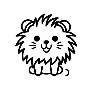 cute happy doodle of a lion, black and white, white background, minimalism, cute, kawaii, in a one-line style, clipart