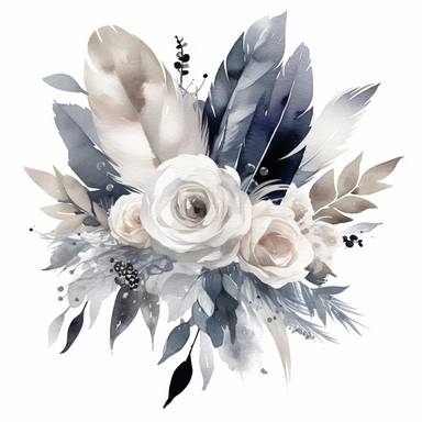 Watercolor dusty greay and white feathers bouquet clipart white background no text wedding style eligible for transparent background