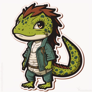 small cute anthropomorphic Chibi lizard animal, dressed like a woman, wearing jeans and t-shirt, clipart, in sticker style, in comics style, cell shading