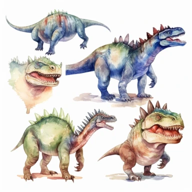 aggressive dinosaurs, full body, clipart set on white background, watercolor