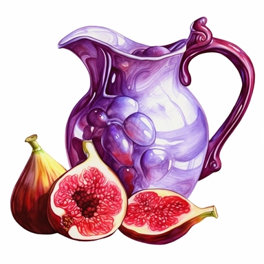 watercolor fig fruits, water pitcher with figs aplique, in the style of uhd image, grid-based, free brushwork, fairy tale illustrations, lively illustrations, sketchfab, light purple and red Clipart desert cartoon t-shirt graphic, vector, contour, isolated on a white background