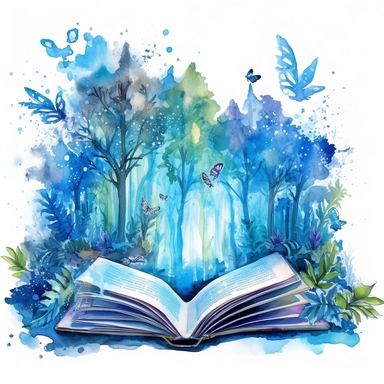 blue watercolour image of magical forest coming out of a book clipart, vector image
