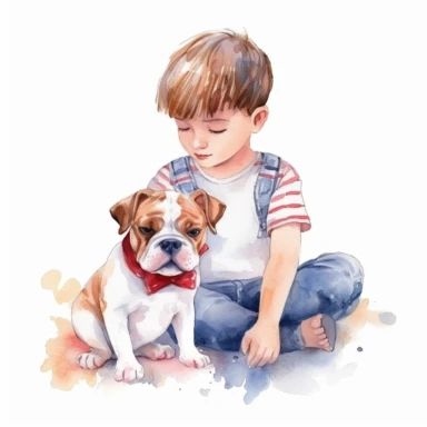 baby love pidbull,man with a dog, love dog, cute, Watercolor Clipart high quality, white background , cute, love , love animals