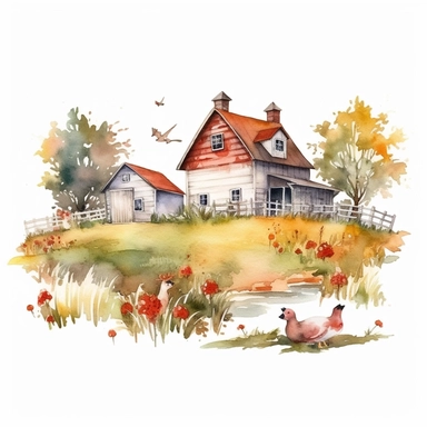 watercolor farm house clipart with meadow and some animals, white background, no comment, 8k