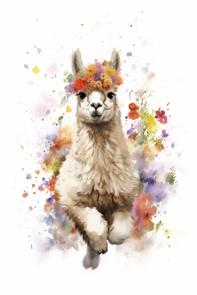 A highly detailed watercolor drawing of an adorable baby alpaca frolicking on a rolling wildflower hill on white background. The alpaca is captured in a playful and joyful moment, with its fluffy coat bouncing as it jumps and runs through the vibrant wildflowers. The watercolor depicts the intricate details of the alpaca's features, including its expressive eyes, cute ears, and endearing smile. The drawing showcases the alpaca's interaction with the colorful wildflowers, with petals and blooms s