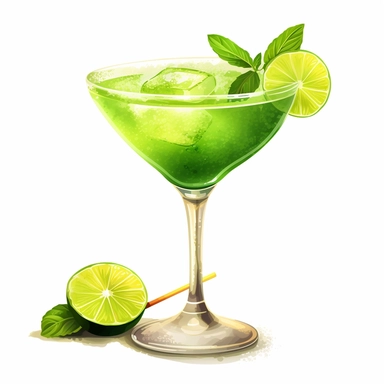 In this delightful Daiquiri clipart illustration, a tropical oasis comes to life against a clean white background. The iconic Daiquiri cocktail steals the spotlight, showcasing its vibrant and captivating features. A sleek cocktail glass takes center stag
