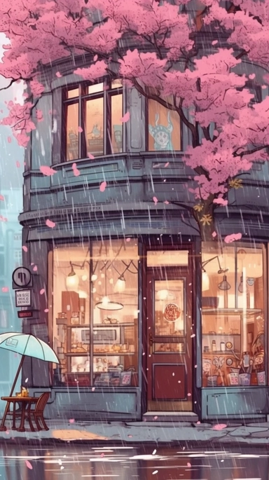 Very very cute and Whimsical quirky Jazzy coffee shop, building corner, cherry tree blossom, Raining colorful, Watercolored illustration in the style of Michael Powell, clipart, city vibe background - 8K